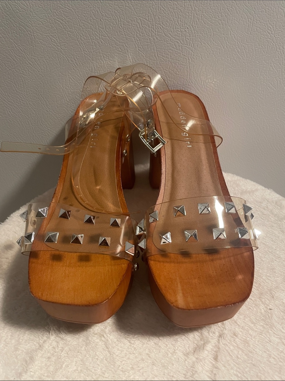Madden Girl Clear Strap Platform Sandals - Tan Wood Heel - Picture 2 of 7